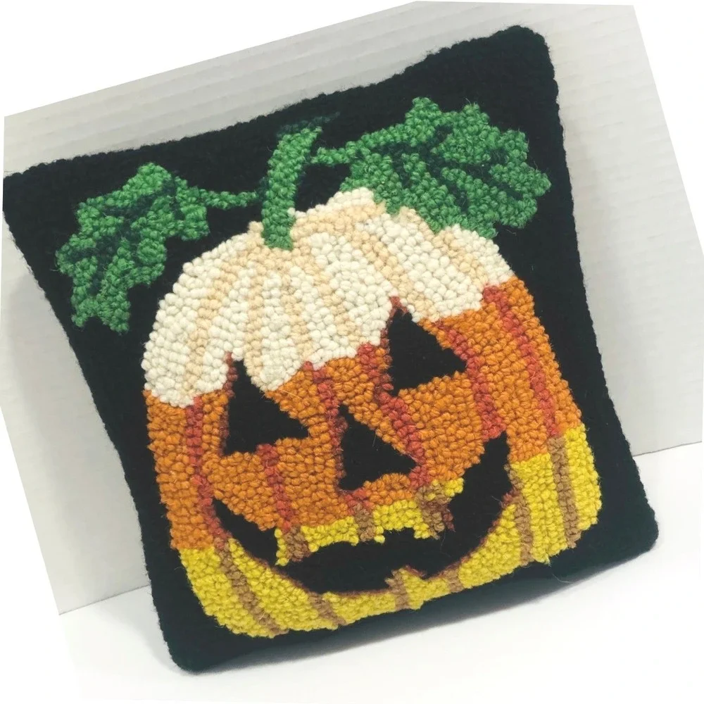 Halloween Needlepoint Zip Throw Pillow Candy Corn Jack-O-Lantern Wool Velvet